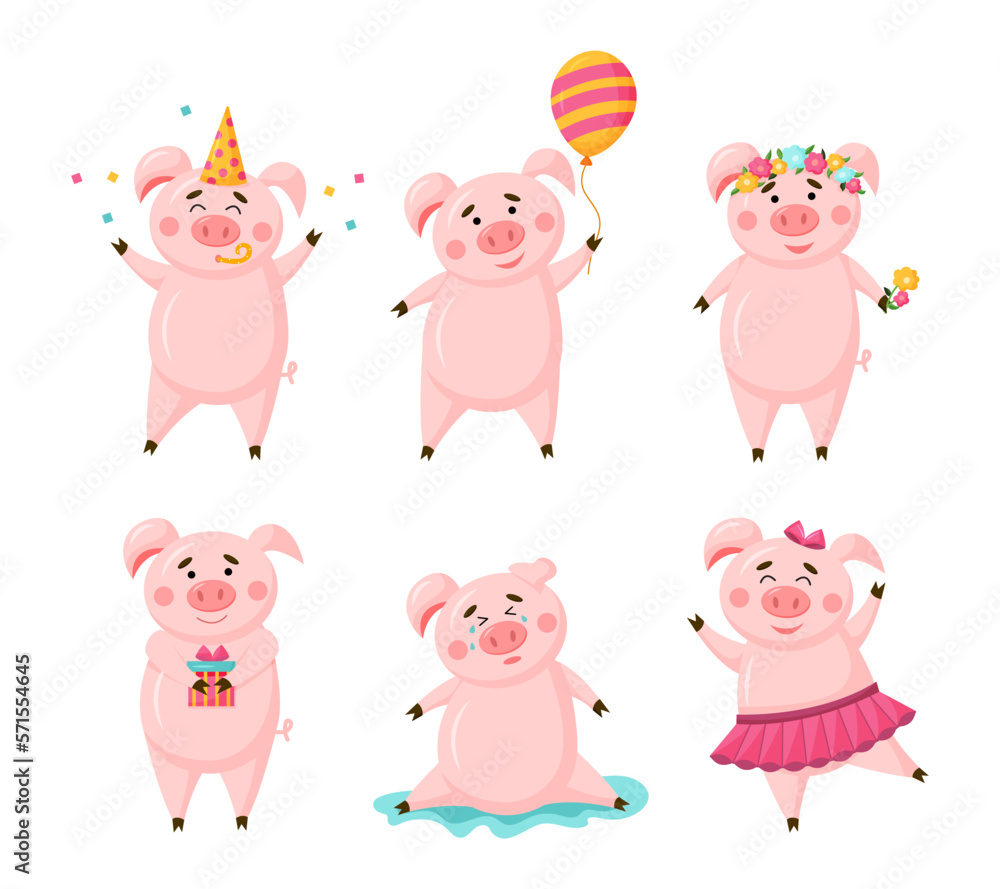 Obraz premium Vector set of pigs cute cartoon character in different poses isolated on white background. Collection piggy with birthday hat, pig with balloon, ballet tutu, gift, flowers