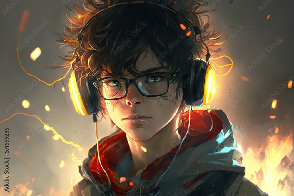 a young teenager with wavy hair and glasses playing video games. He has a headset on looking gracefull a young teenager with wavy hair and glasses playing video games. He has a headset on looking gracefull