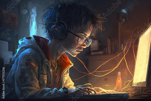 a young teenager with wavy hair and glasses playing video games. He has a headset on looking gracefull