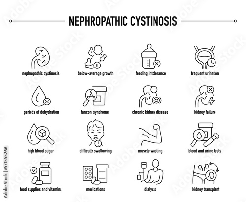 Nephropathic Cystinosis symptoms, diagnostic and treatment vector icon set. Line editable medical icons.