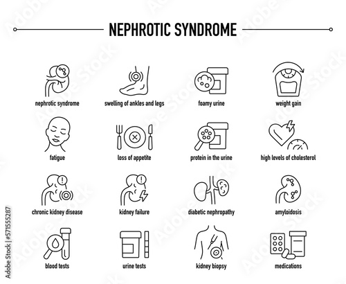 Nephrotic Syndrome symptoms, diagnostic and treatment vector icon set. Line editable medical icons.
