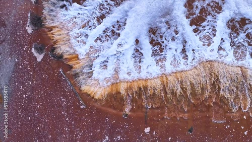 Aerial view from a drone of the Rio Tinto in the surroundings of the town of Berrocal. Sierra Morena, Gulf of Cádiz, Huelva, Andalusia, Spain, Europe
