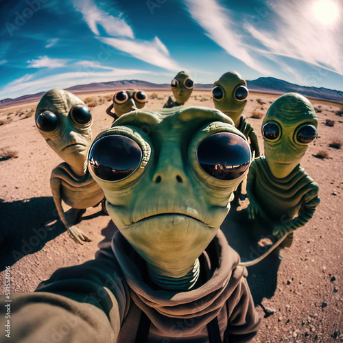 Group of aliens take a selfie in area 51 - generated by Generative AI