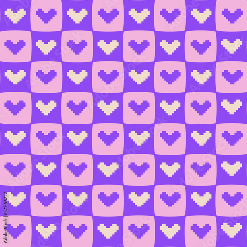 Groovy geometric seamless pattern. Checkered repeated ornament with pixel hearts. Retro vibe background. Vector design for textile, fabric, backdrop, wallpaper, packaging, wrapper.
