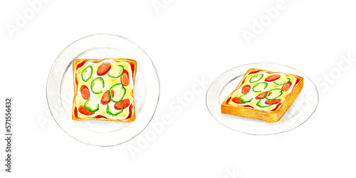 白い皿に乗ったピザトースト 料理・カフェメニューの手描き水彩イラスト素材