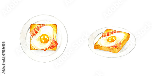 お皿に乗った目玉焼きトースト 料理・カフェメニューの手描き水彩イラスト素材
