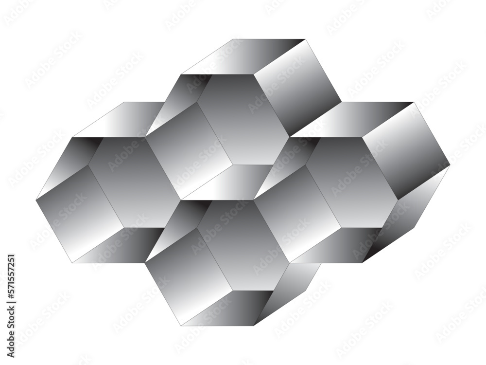 Grafika wektorowa przedstawiająca sześciokątne, trójwymiarowe  komórki powstałe poprzez przekształceń figur geometrycznych. Zastosowanie szarego gradientu nadało figurom metaliczny blask. - obrazy, fototapety, plakaty 