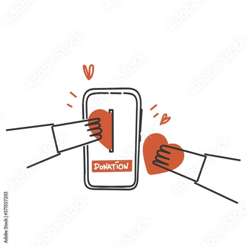 hand drawn doodle person donate heart on mobile phone illustration vector