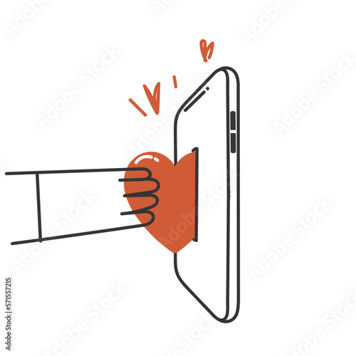 hand drawn doodle person donate heart on mobile phone illustration vector