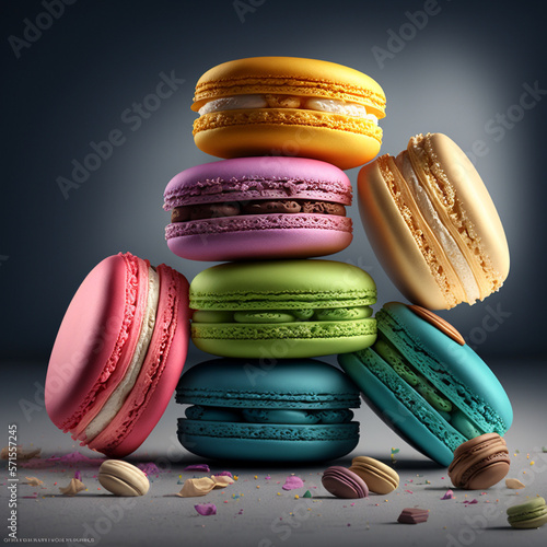 Cakes macaron or macaroon stack on turquoise background, colorful vibrant almond cookies.
