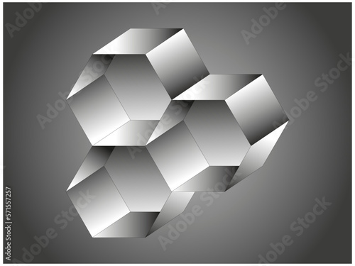 Grafika wektorowa przedstawiająca sześciokątne, trójwymiarowe komórki powstałe poprzez przekształceń figur geometrycznych. Zastosowanie szarego gradientu nadało figurom metaliczny blask.