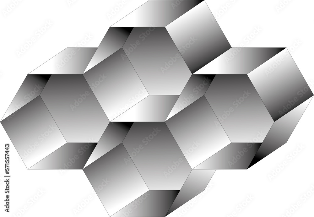 Obraz przedstawiający sześciokątne, trójwymiarowe  komórki powstałe poprzez przekształceń figur geometrycznych. Zastosowanie szarego gradientu nadało figurom metaliczny blask. - obrazy, fototapety, plakaty 