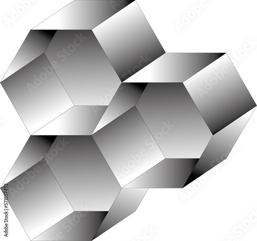 Obraz przedstawiający sześciokątne, trójwymiarowe komórki powstałe poprzez przekształceń figur geometrycznych. Zastosowanie szarego gradientu nadało figurom metaliczny blask.