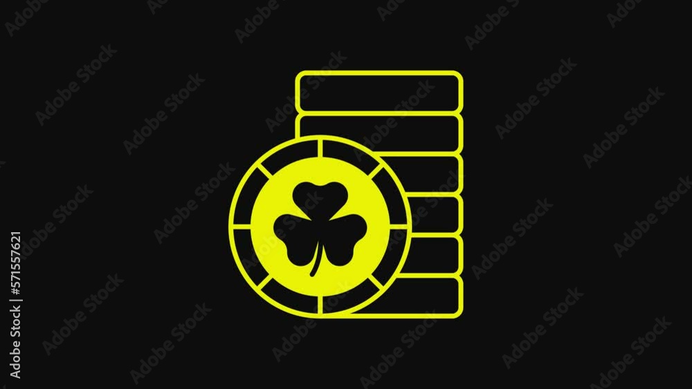 Yellow Golden leprechaun coin with clover trefoil leaf icon isolated on black background. Happy Saint Patricks day. National Irish holiday. 4K Video motion graphic animation Yellow Golden leprechaun coin with clover trefoil leaf icon isolated on black background. Happy Saint Patricks day. National Irish holiday. 4K Video motion graphic animation