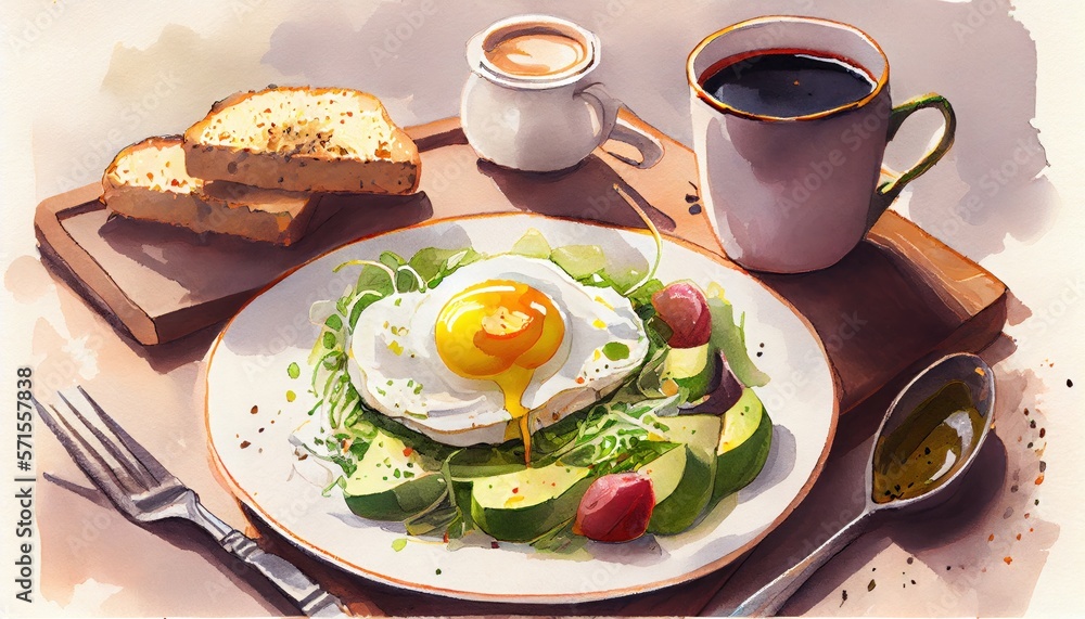 Healthy Breakfast with Bread Toast and Poached Egg with Avocado and Green Salad. Cup of coffee or tea in the morning. Watercolor style. Healthy Breakfast with Bread Toast and Poached Egg with Avocado and Green Salad. Cup of coffee or tea in the morning. Watercolor style.