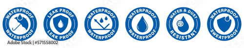 Waterproof vector badges for product or clothes. Sweat proof label. Water and dust resistant stickers.