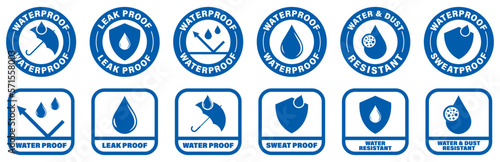 Water and Dust resistant - vector badges. Waterproof and sweat proof labels collection.