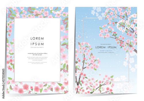 Vector editorial design frame set of spring scenery with cherry trees in full bloom. Design for social media, party invitation, Frame Clip Art and Business Advertisement			