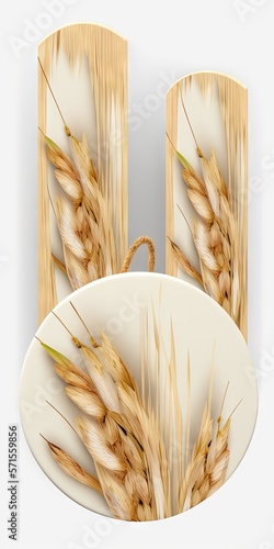 Oat ears on white round and wooden bagkround. Oat plant close up. Generative AI photo