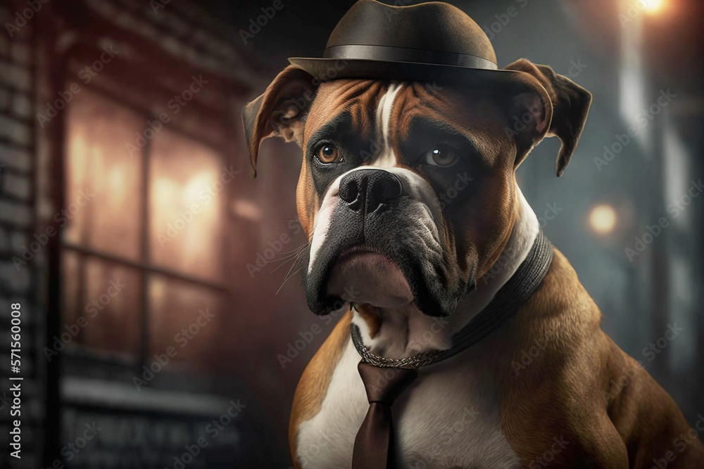 A Boxer Dog is a powerful presence on the city streets, dressed to impress in a hat and tie
