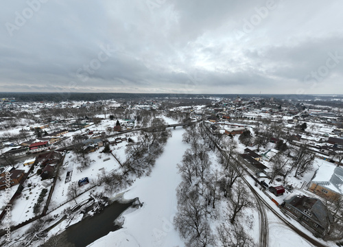 historical center of Borovsk with a church from a drone height on a winter snowy day photo