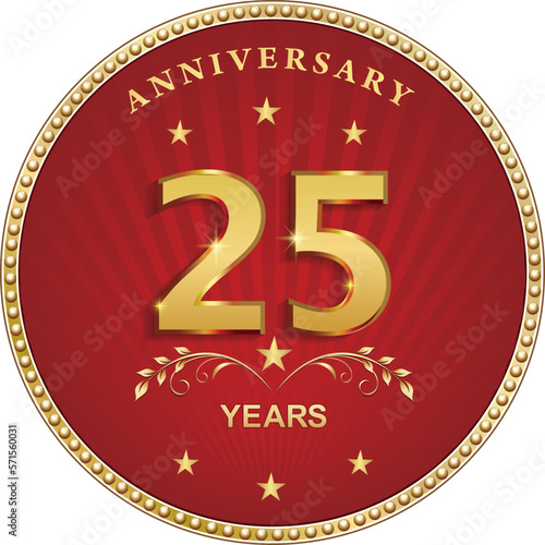 25 years anniversary logo design with laurel branches in golden circle on red background with rays and stars. Vector illustration