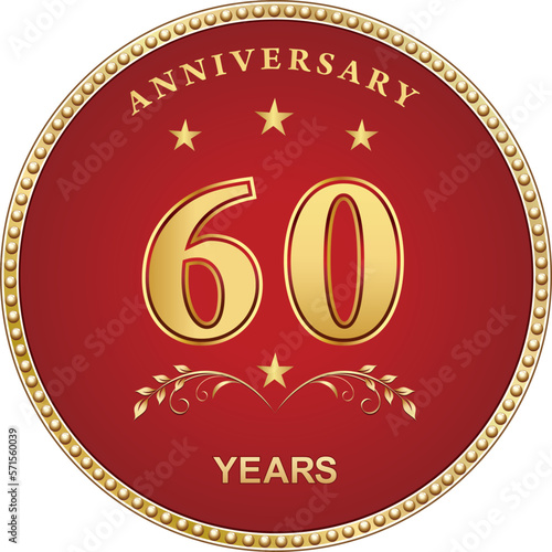 60 years anniversary logo design in golden circle on red background with stars for ceremonial event, wedding, greeting card and invitation. Vector illustration