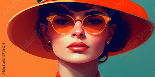 illustration of a woman with a sun hat and sunglasses. Generative AI