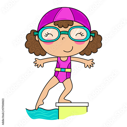  Illustration of a girl ready for her swimming class, touch the water in the pool with her foot. Vector drawing
