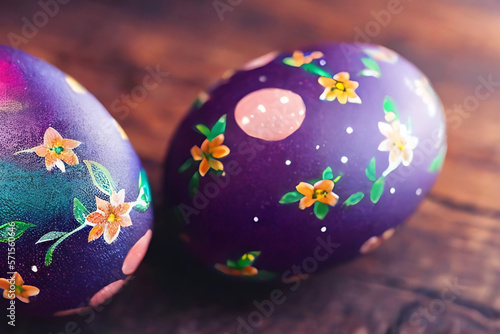 Handmade painted colorful easter eggs decoration on wood table top view with empty space made with generative ai