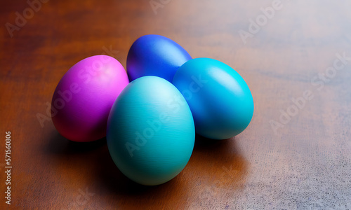 Handmade painted colorful easter eggs decoration on wood table top view with empty space made with generative ai