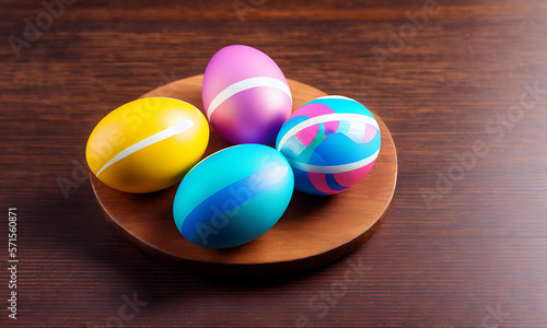 Handmade painted colorful easter eggs decoration on wood table top view with empty space made with generative ai