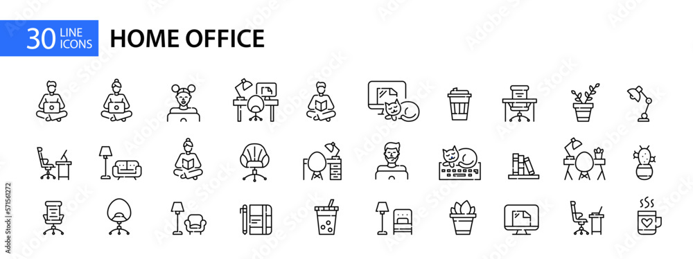 30 working or studying from home pixel perfect line art icons. Home office, remote workplace or freelance