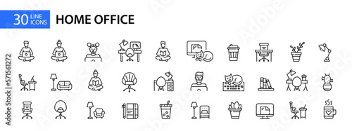 30 working or studying from home pixel perfect line art icons. Home office, remote workplace or freelance