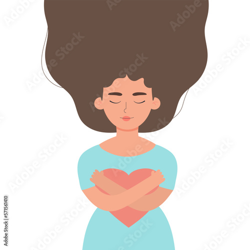 Vector illustration of a girl portrait. The girl is holding a heart. Mental health hand drawn illustration. Self love. Peace of mind.
