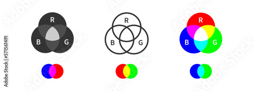 RGB palette icon on light background. Calibration of color of screen. Additive color mixing example. Outline, flat and colored style. Flat design. Vector illustration.