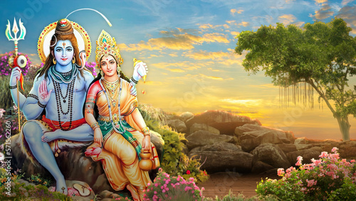 3d Wallpaper of Lord Shiv Parvati with clouds Trees and Sun Rays, God Mahadev 3D illustration Blue orange background clouds with rays God Mahadev Doing Blessings with Goddess Parvati  photo