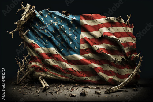 Weathered and worn American flag and a human skull. Generative Ai. 