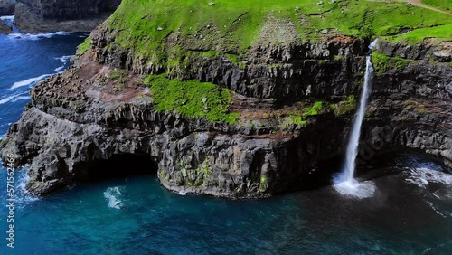 Faroe Islands Mulafossur Waterfall Gasadalur Aerial 4K Video photo