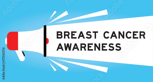 Color megaphone icon with word breast cancer awareness in white banner on blue background