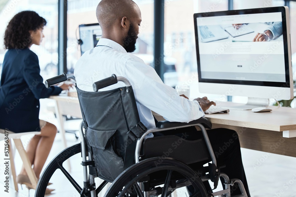 Wheelchair, office and black man disability in the workplace doing business analyst work