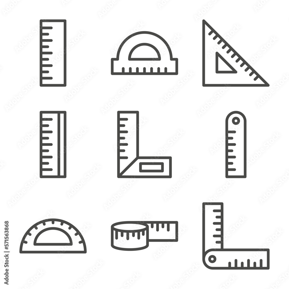 Set of Ruler Measurement Outline Icon. Angle Ruler, Tape Ruler