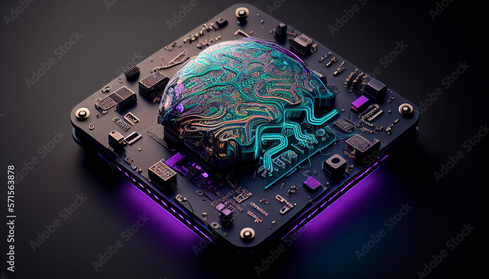 An AI interface that resembles a holographic brain, with lights and