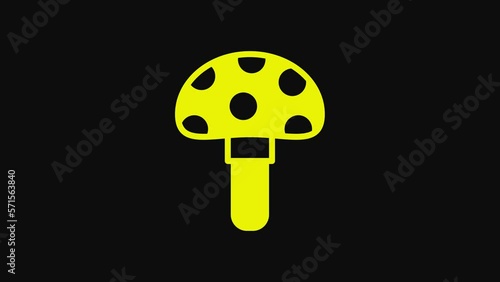 Yellow Psilocybin mushroom icon isolated on black background. Psychedelic hallucination. 4K Video motion graphic animation