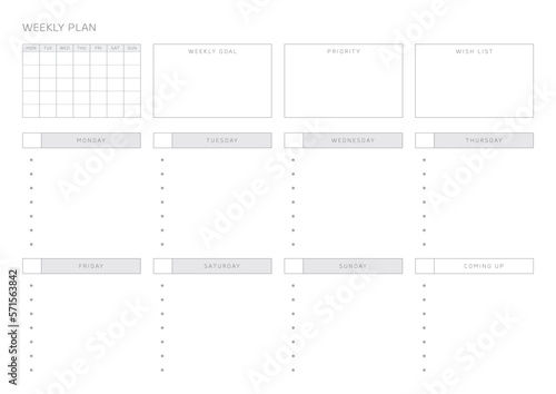 A weekly plan design template in a modern, simple, and minimalist style. Note, scheduler, diary, calendar, planner document template illustration.