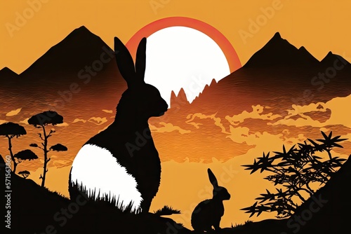 Rabbit parent and child silhouettes from the New Year s card  Mt. Fuji  and the first sunrise. Generative AI