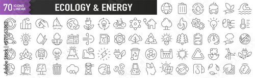 Ecology and energy black linear icons. Collection of 70 icons in black. Big set of linear icons