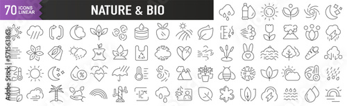 Nature and bio black linear icons. Collection of 70 icons in black. Big set of linear icons