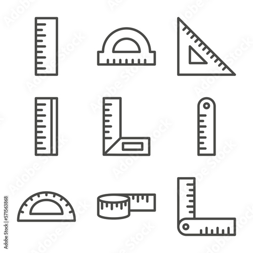 Set of Ruler Measurement Outline Icon. Angle Ruler, Tape Ruler, Protractor, Triangle Ruler, and More Editable Stroke. Vector Eps 10
