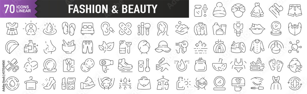 Fashion and beauty black linear icons. Collection of 70 icons in black. Big set of linear icons